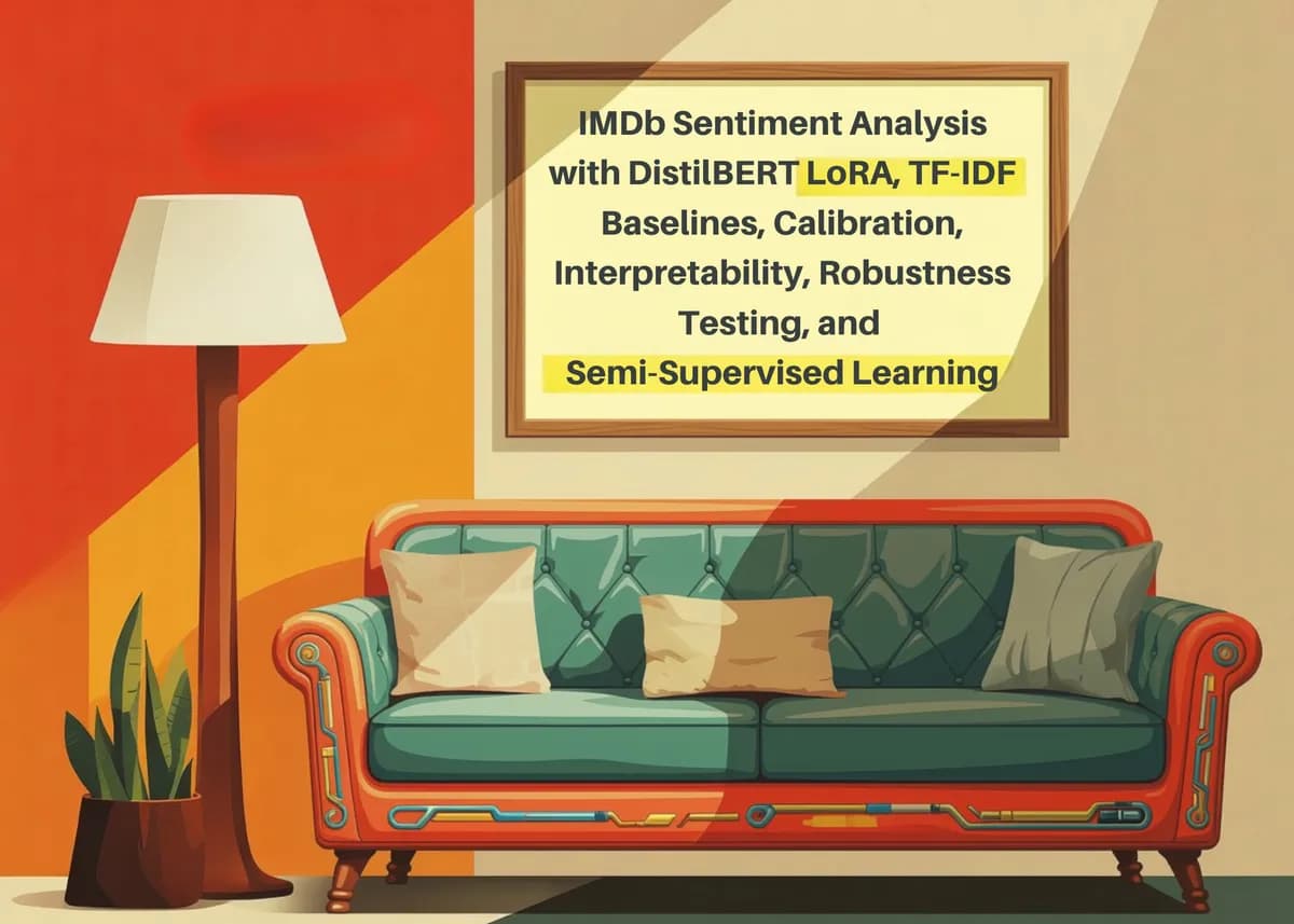تحلیل احساسات IMDb با DistilBERT LoRA، خط پایه TF-IDF، کالیبراسیون، تفسیرپذیری، آزمون پایداری و یادگیری نیمهنظارتی