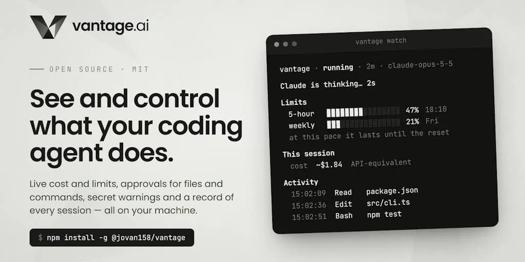 پلتفرم vantage.ai برای مشاهده و کنترل عملکرد عامل کدنویسی در Product Hunt