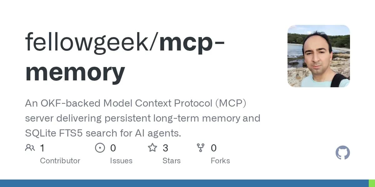 سرور پروتکل زمینه مدل MCP با حافظه پایدار و جستجوی FTS5 SQLite برای عاملهای هوش مصنوعی، پشتیبانیشده توسط OKF.