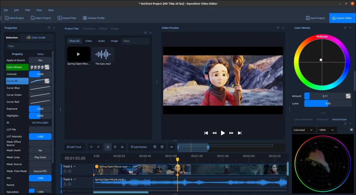 رابط کاربری OpenShot 4.0 با ابزارهای ضبط، ویرایش و تنظیم رنگ حرفهای