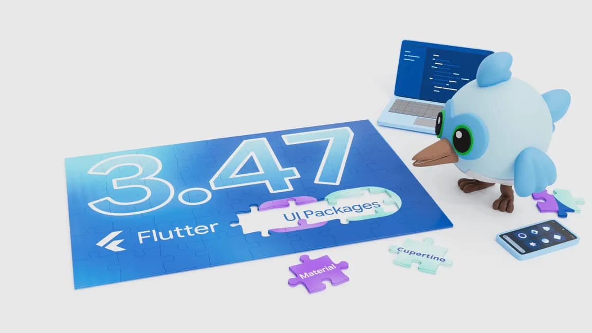 لوگوی فلاتر با متن "What's new in Flutter 3.47"
