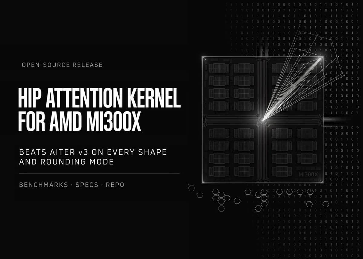 هسته HIP Attention متنباز MoonMath AI برای AMD MI300X که از AITER v3 در هر سایز و حالت گردکردن سریعتر است