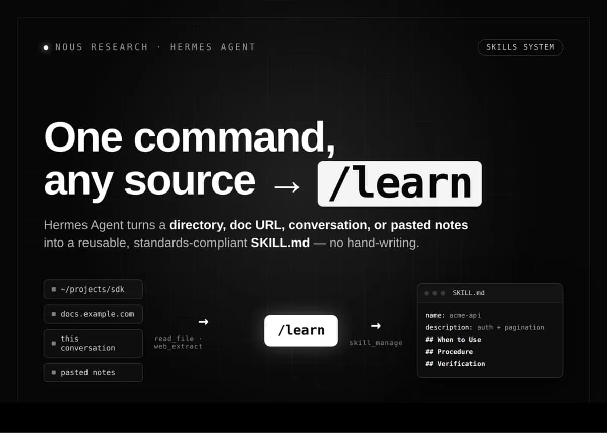 Nous Research مهارت /learn را به سیستم عامل Hermes اضافه کرد؛ ضبط گردش کار بهعنوان دستورات اسلش بدون نیاز به نوشتن دستی SKIL