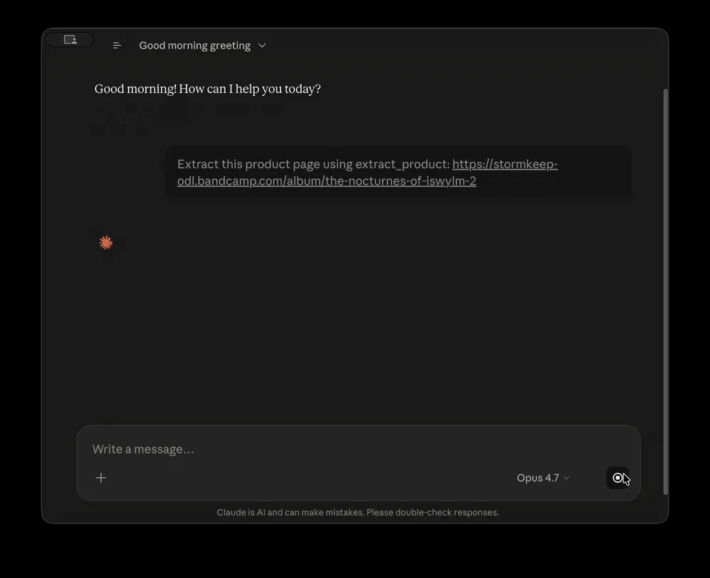 Demo: Claude Desktop calling extract_product, paying 0.01 USDC, returning structured Product JSON