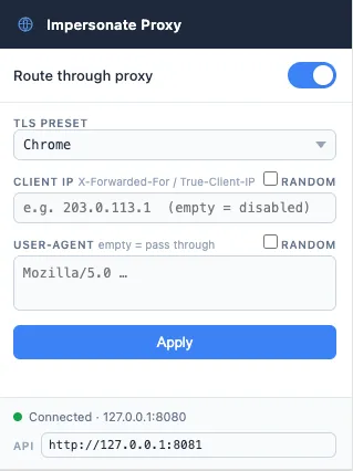 پروکسی MITM محلی برای کنترل اثر انگشت TLS، HTTP/2، ترتیب هدرها و User-Agent از طریق فایل YAML