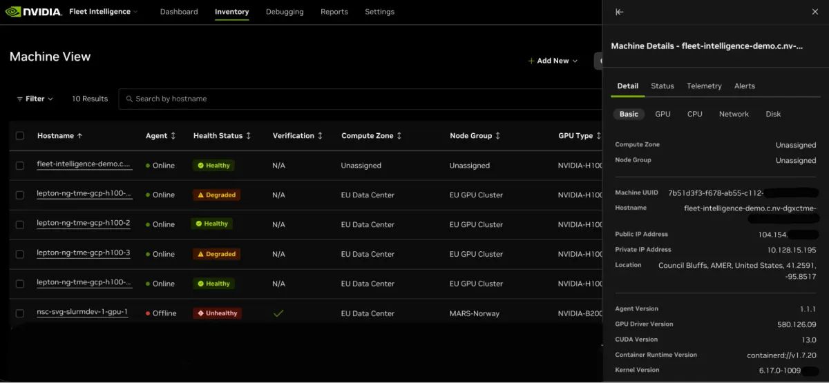 Screenshot of the machine view that allows users to view a sorted list of machines or hosts with the detail panel expanded to display metadata specific to an individual machine.