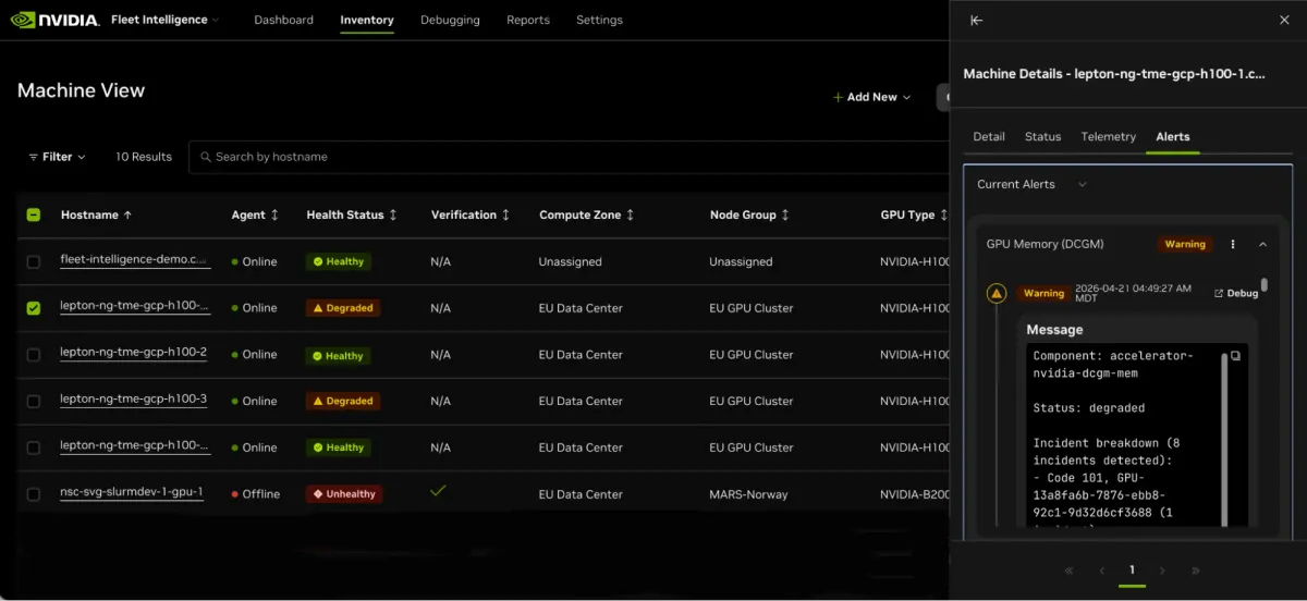 Screenshot of the alert panel that displays alerts associated with an individual machine.