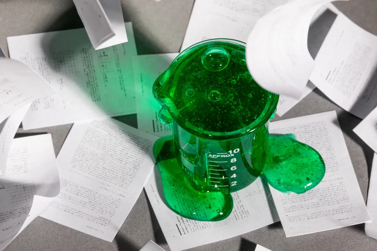 Beaker overflowing with green slime surrounded by research papers.