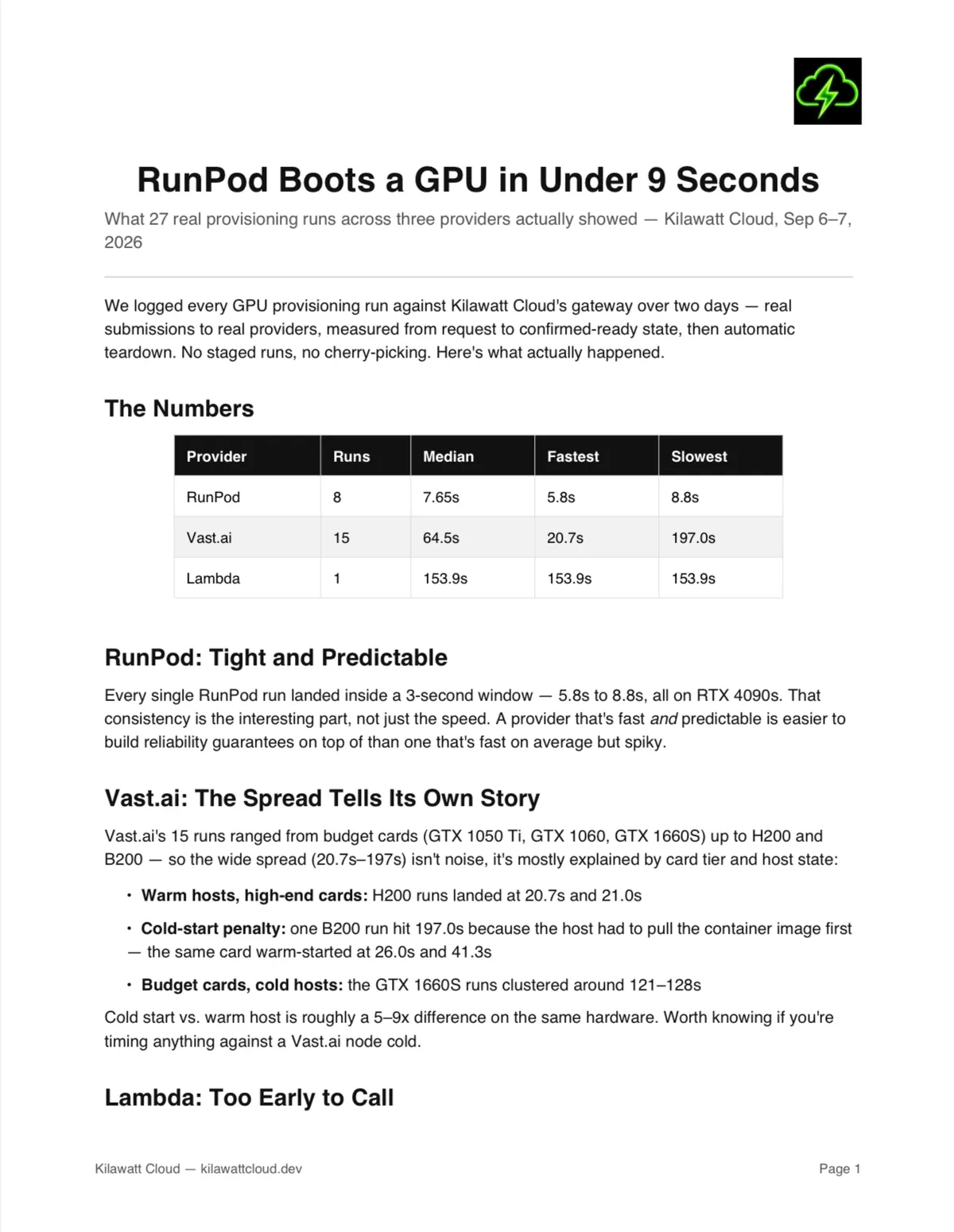 بوت GPU در RunPod کمتر از ۹ ثانیه: نتایج ۲۷ اجرای واقعی در سه ارائهدهنده