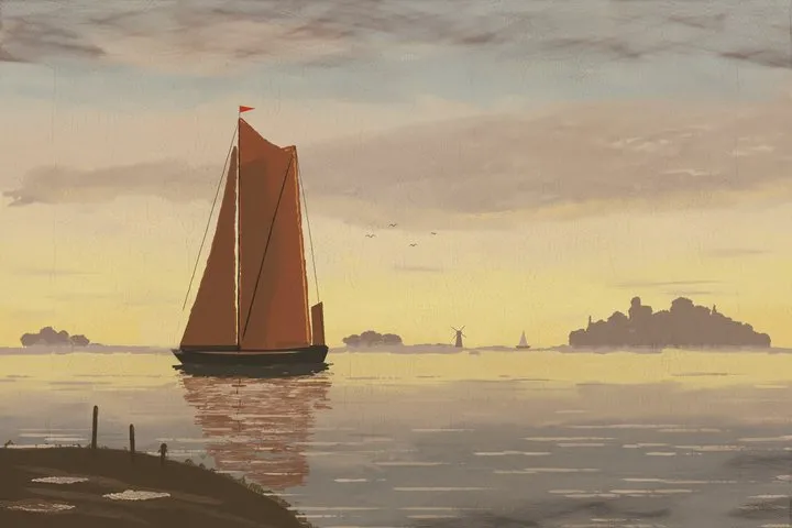 An estuary just after sunset: a sailing barge with tan sails dark against a low gold sky, its reflection broken in the water, a thin far shore with trees and a windmill, and a muddy marsh spit with mooring posts.