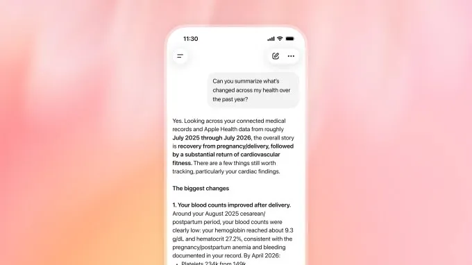 لوگوی تِککرانچ در کنار تصویری از رابط کاربری ChatGPT Health با آیکون قلب قرمز.