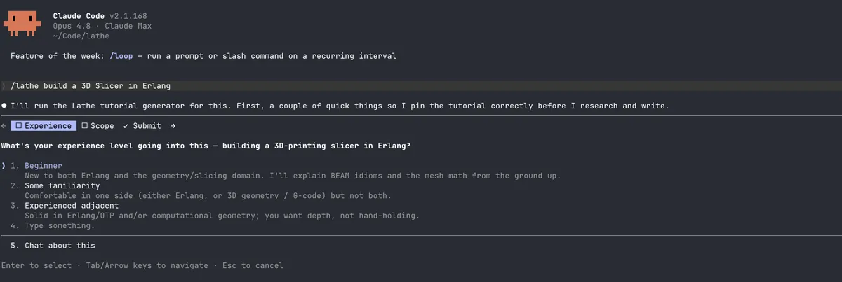 Prompting Claude Code with `/lathe build a 3D Slicer in Erlang`