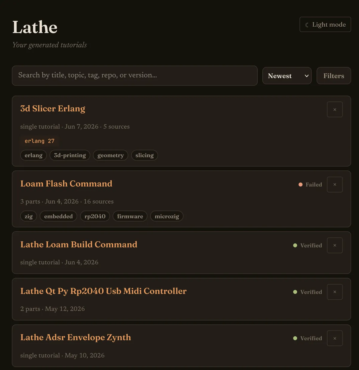 Browsing tutorials in lathe (dark mode)