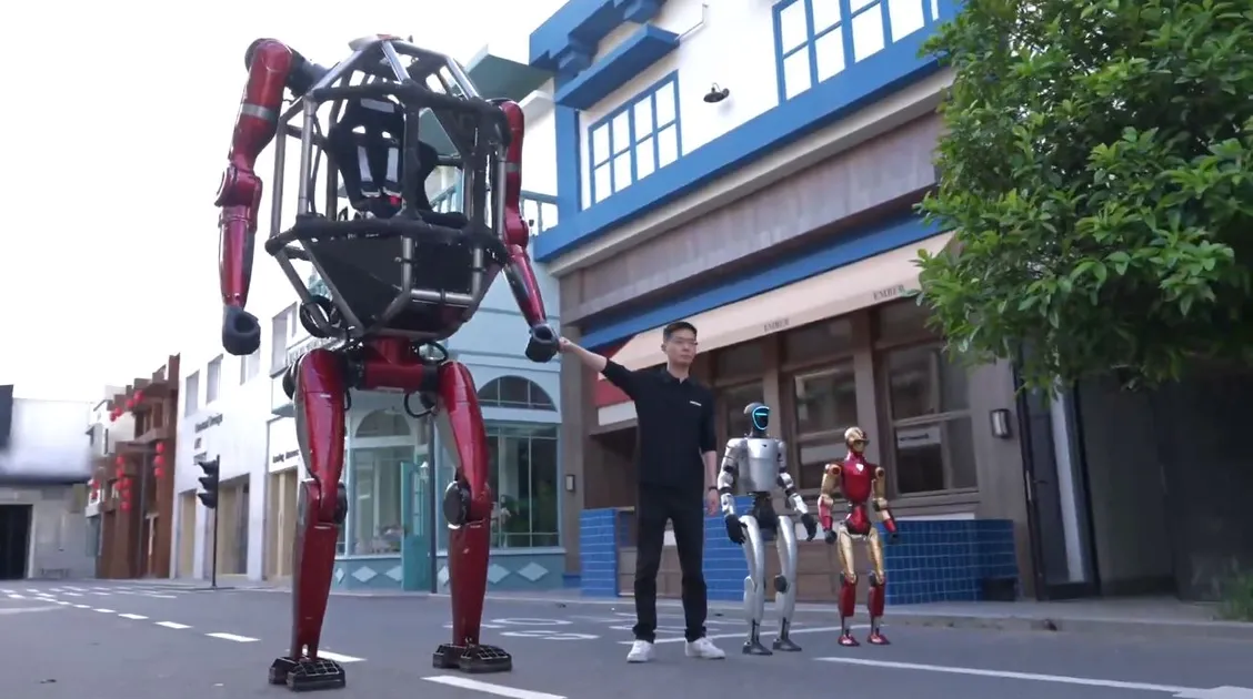 The Unitree GD01 in its upright bipedal stance — the robot also drops to four limbs for improved stability on rough terrain.