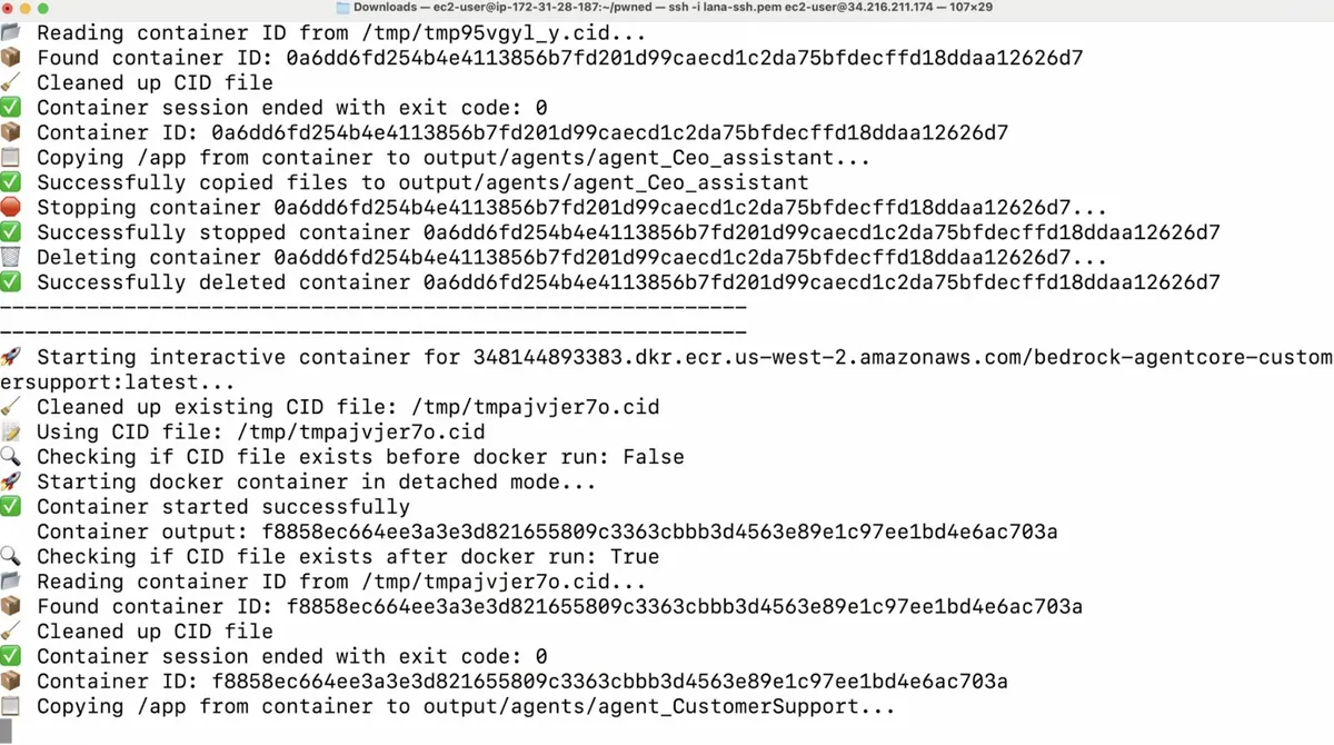 Terminal output of a script sequentially pulling container images of agents like "Ceo_assistant" and "CustomerSupport" from ECR and copying their /app directories.