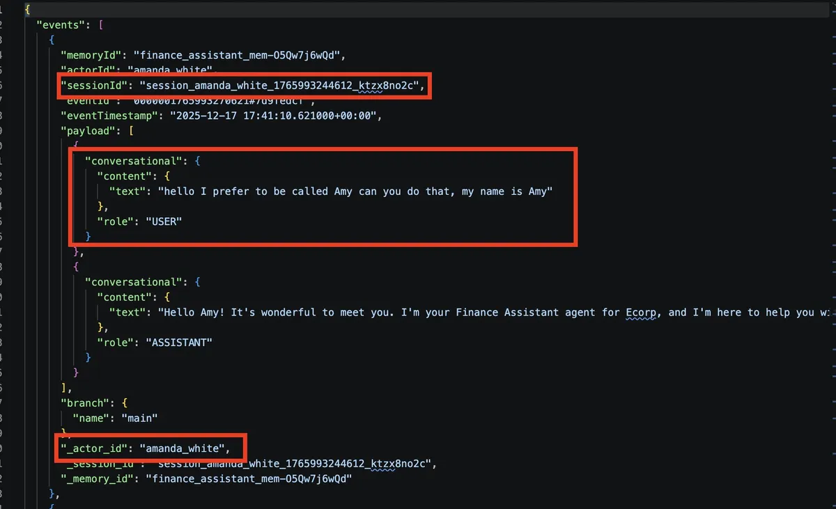 JSON output of an AgentCore memory event with highlighted session ID, actor ID "amanda_white," and the chat history between a user and a Finance Assistant agent.
