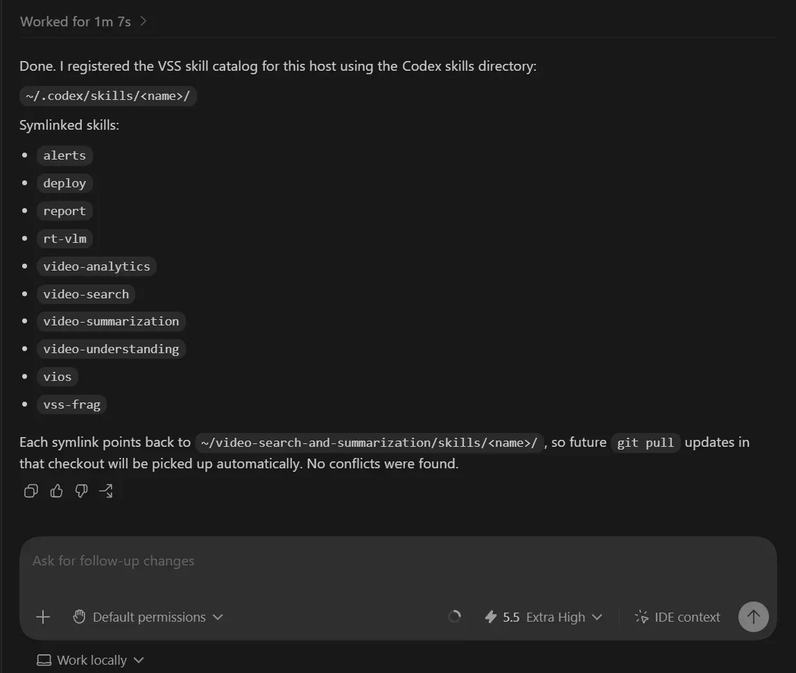 A screenshot from a Codex chat listing out the VSS skills it has available