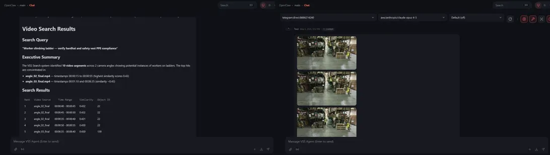 Two screenshots side by side showing the OpenClaw Chat UI with search results for ladder and PPE usage in warehouse videos