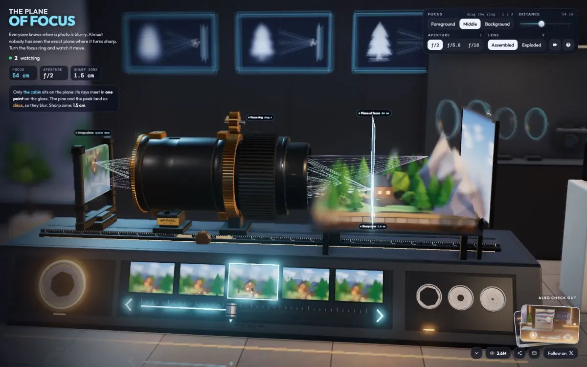 Lens lab by Opus 5.5: a 3D camera lens on an optical bench, showing the plane of focus