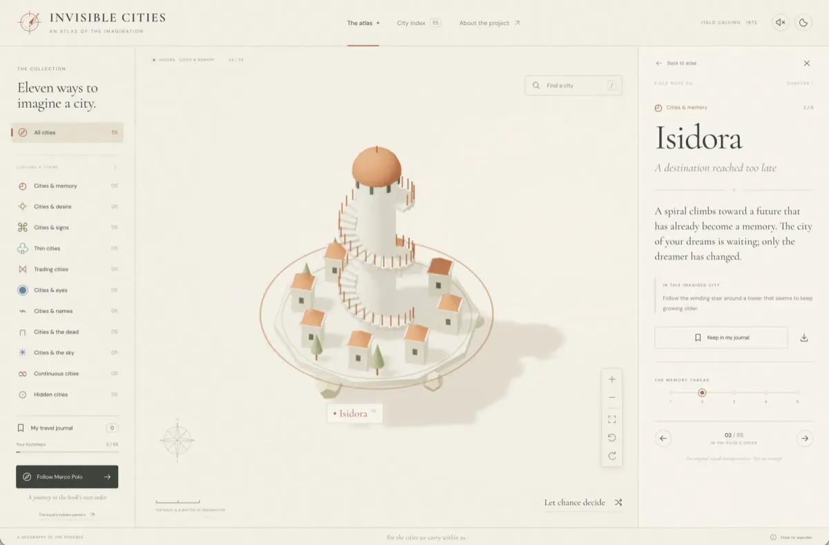 Invisible Cities by GPT-6 Astra: Isidora as a spiral tower on a pale atlas page
