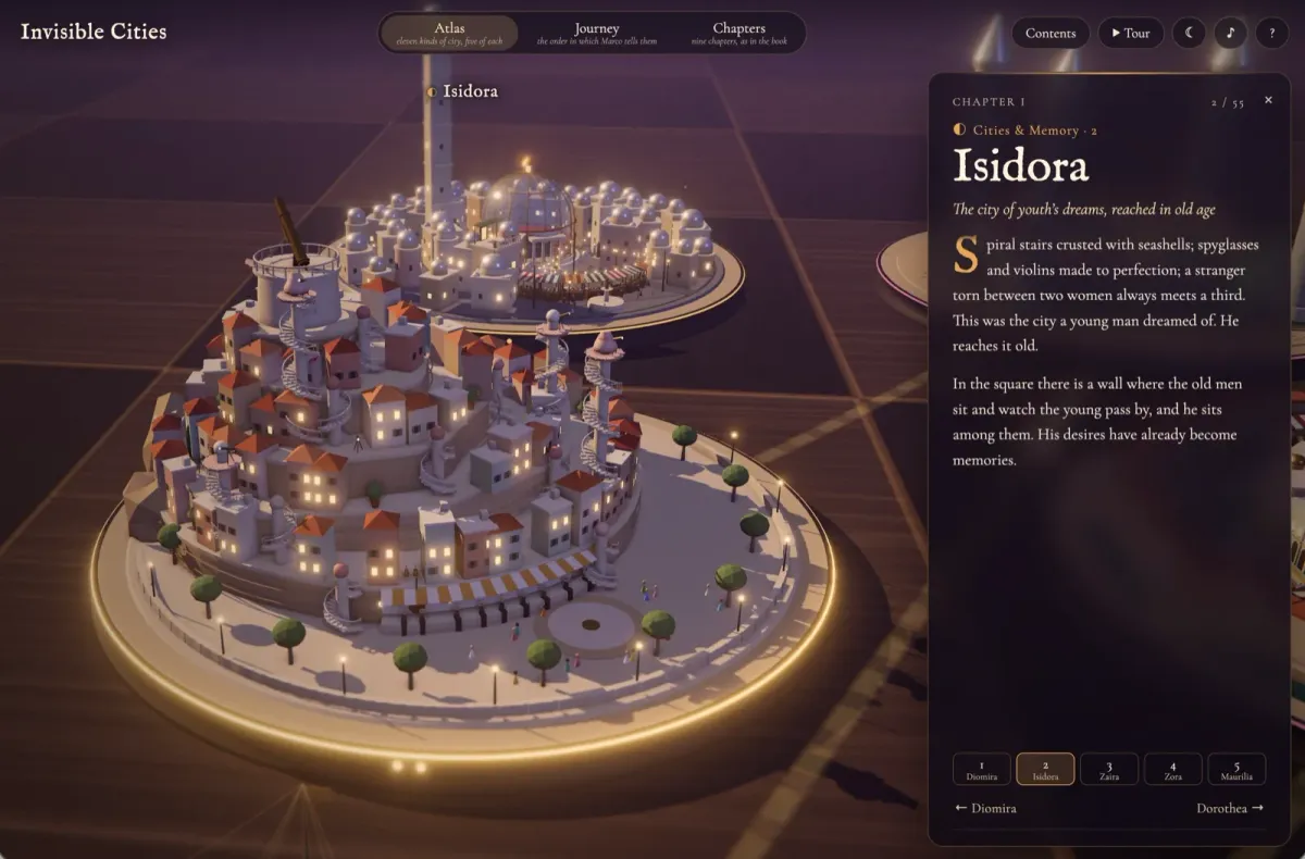 Invisible Cities by Claude Opus 5.5: Isidora as a lit 3D city at night