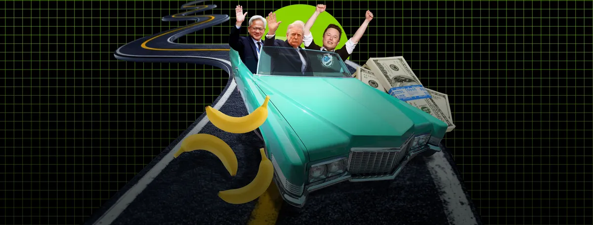 Jensen Huang, Donald Trump, and Elon Musk careening down the road in a convertible with bananas and bundles of money flying everywhere
