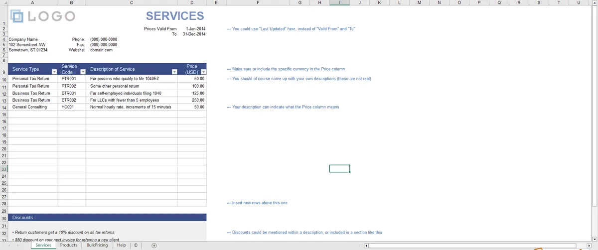 An Excel XLSX corporate service price list containing service types, codes, standard pricing, and discount details, ready to be generated into an HTML quote landing page
