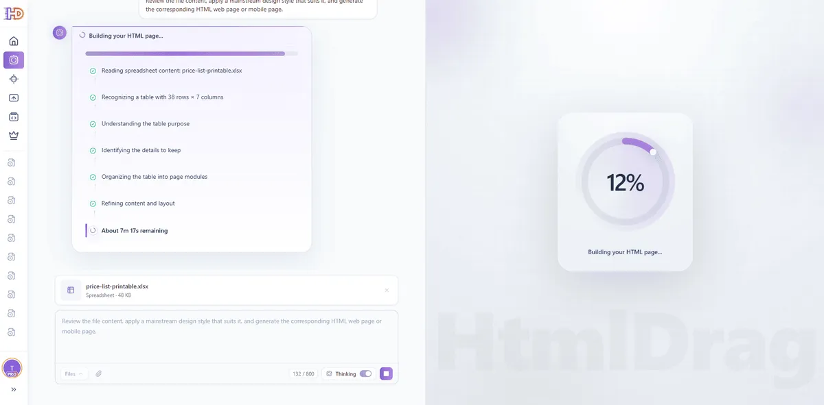 AI Creator writing custom HTML and Tailwind structures to assemble the pricing landing page based on parsed Excel data