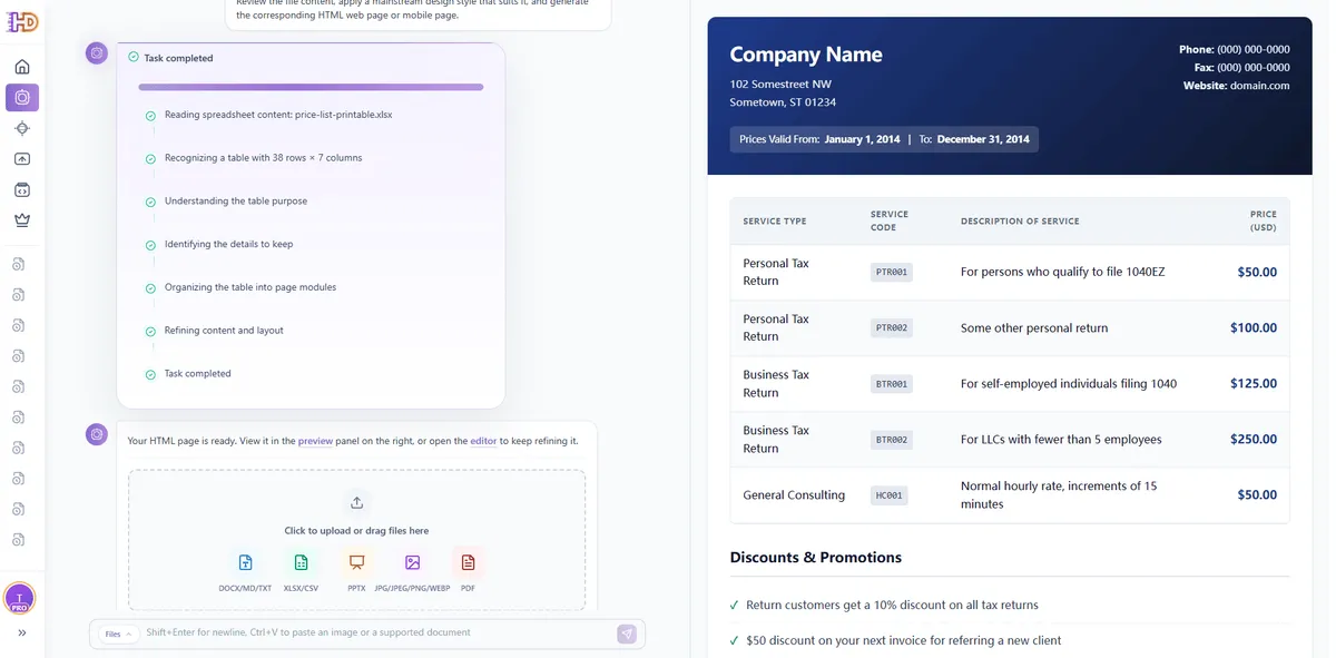 The live preview of the generated pricing landing page, showing premium pricing card structures and responsive design components