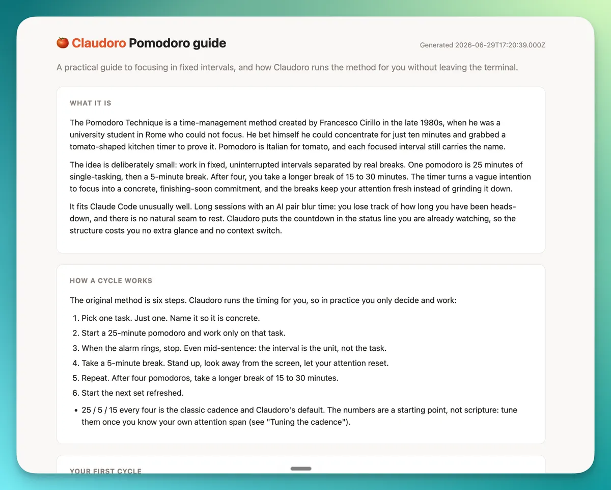 The Claudoro Pomodoro guide rendered as a self-contained web page