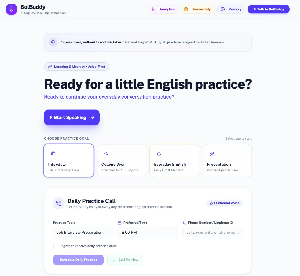 BolBuddy: از یک عامل صوتی تا همراه یادگیری انگلیسی هندی در ۱۰ روز