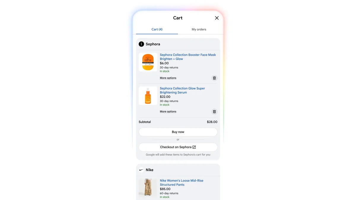 Google universal shopping cart, with products from Sephora and Nike nestled within.