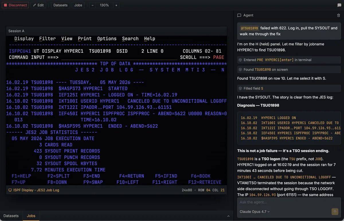 Hopper agent panel investigating a mainframe job