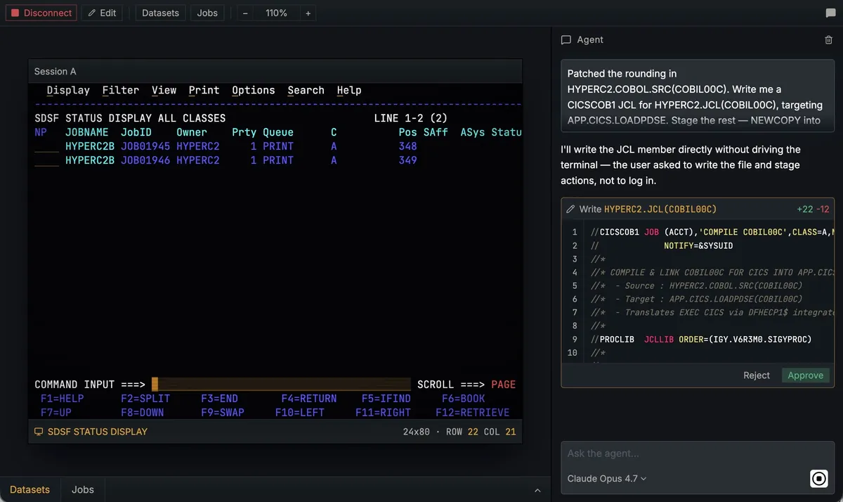 Hopper agent staging a CICSCOB1 JCL member with NEWCOPY rollout in one prompt