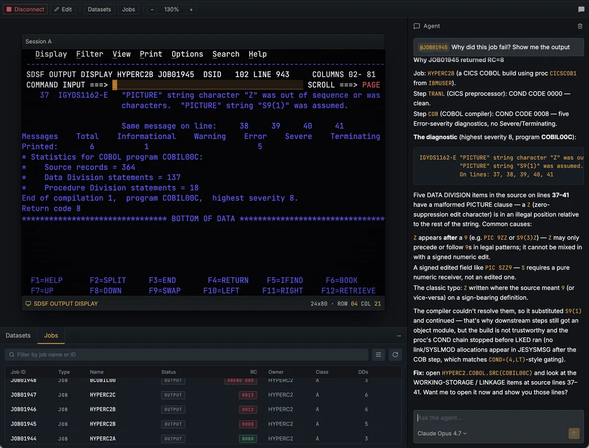 Hopper agent diagnosing a failed mainframe job — user tags @JOB01945 and the agent surfaces the abend, failing step, and source line beside the SDSF spool