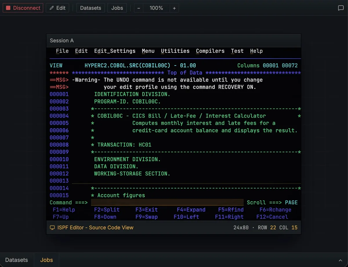 Hopper TN3270 terminal in manual mode — ISPF editor browsing a CICS COBOL program with the agent panel collapsed