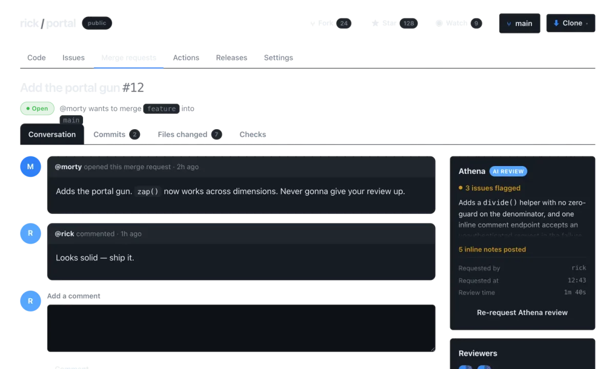 A merge request with the Athena AI review panel
