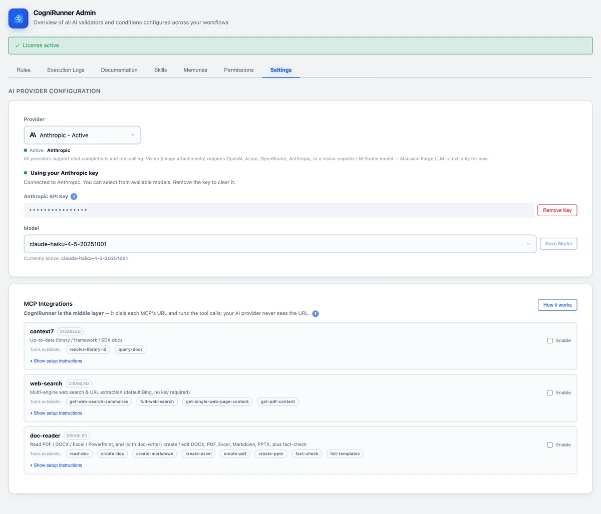 The Settings tab: choose a provider, paste a key (stored encrypted in Forge), pick a model — and wire up optional MCP integrations like context7, web-search and document tooling.