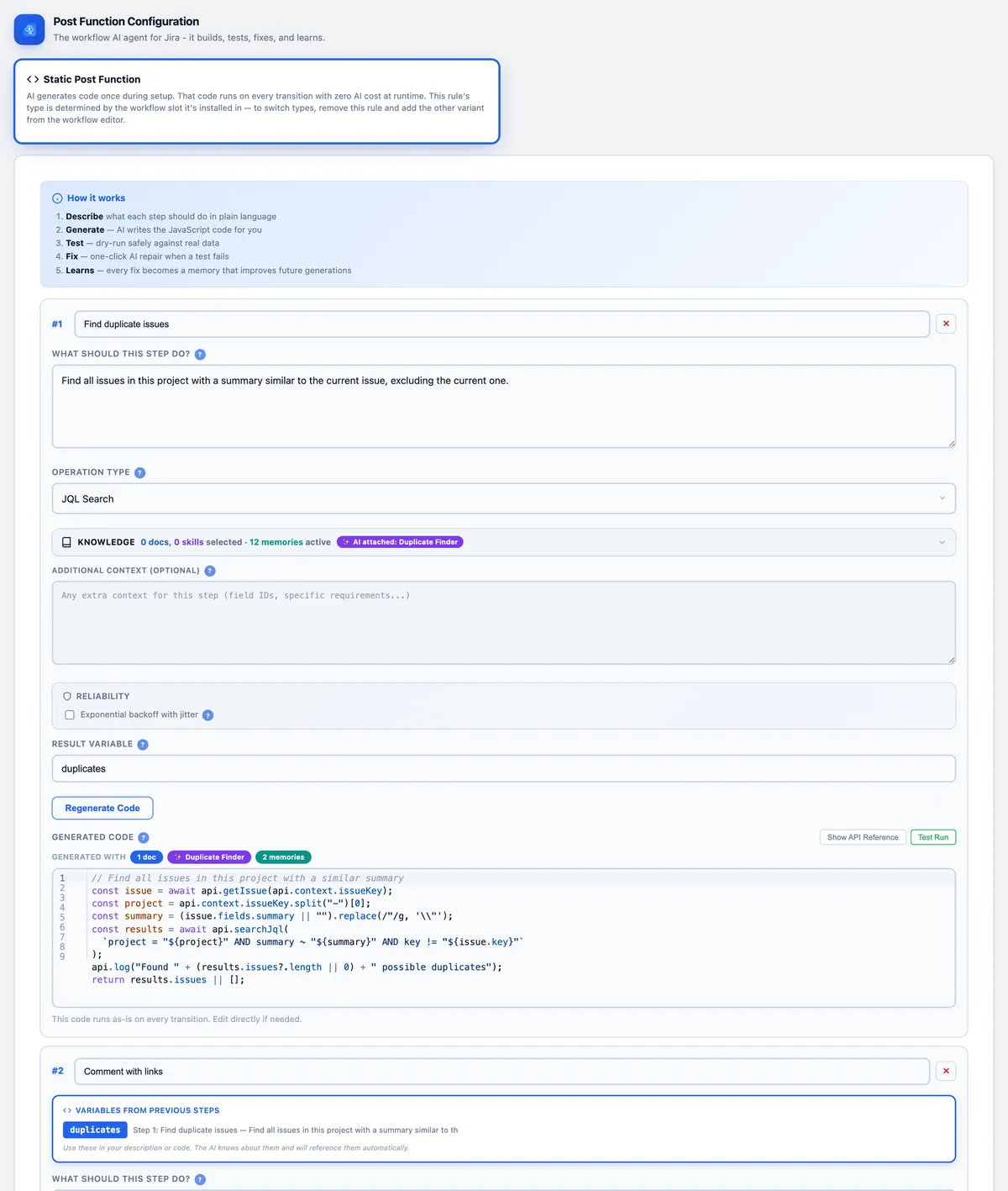 The Function Builder: describe each step in plain English, generate the code, and it runs at zero AI cost once published — steps chain by passing variables.