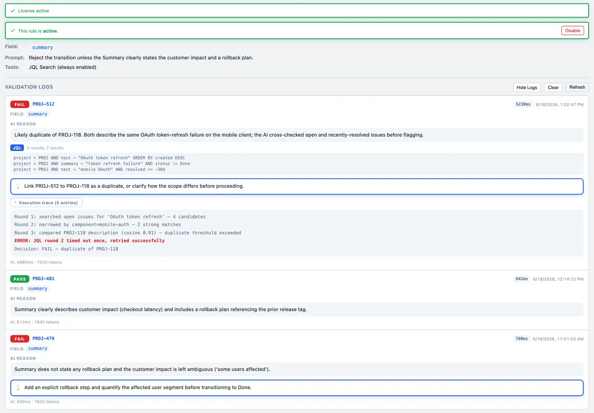 An agentic validation log: three rounds of JQL, a high-confidence match against PROJ-118, a JQL timeout that was retried, and a final block decision — every step recorded.