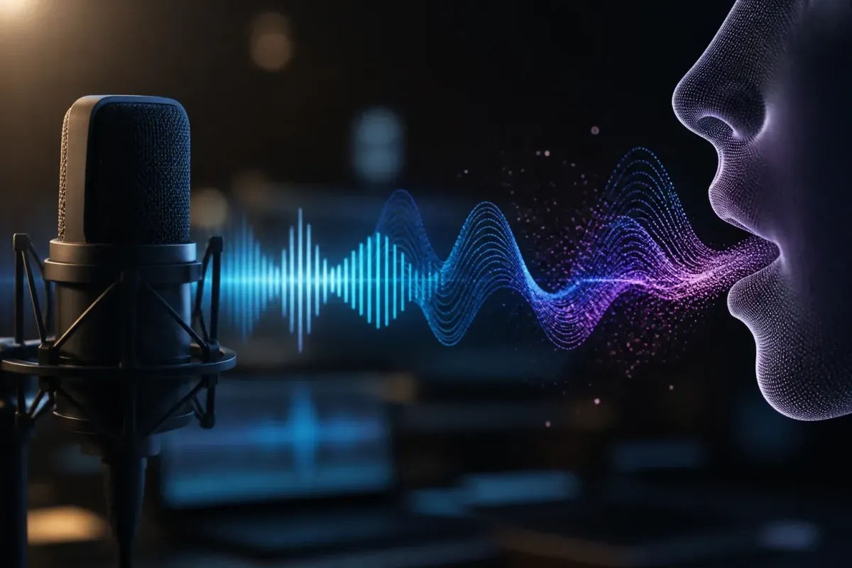 لوگوی مایکروسافت در کنار نماد هوش مصنوعی گفتار و موج صدا