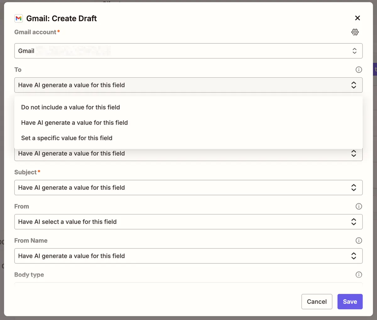 The Configuration screen for a Gmail action