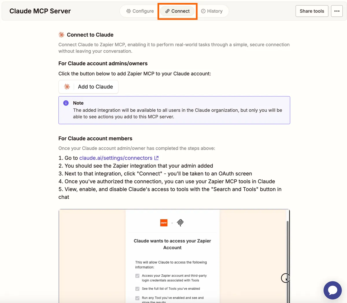 The Connect tab in the Zapier MCP dashboard