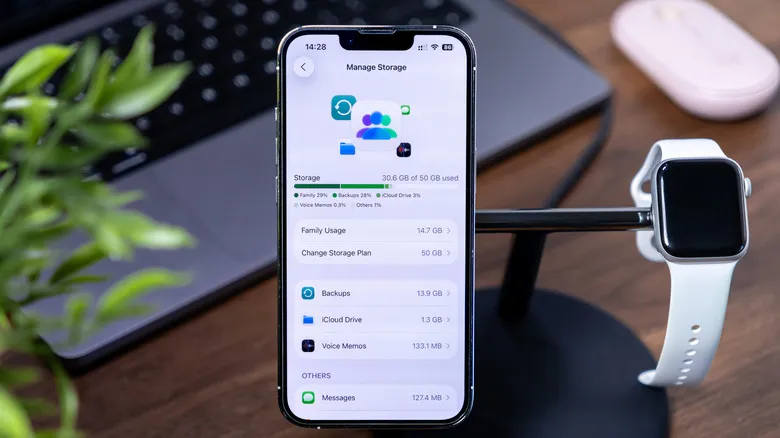 An iPhone screen showing storage options and iWatch are shown