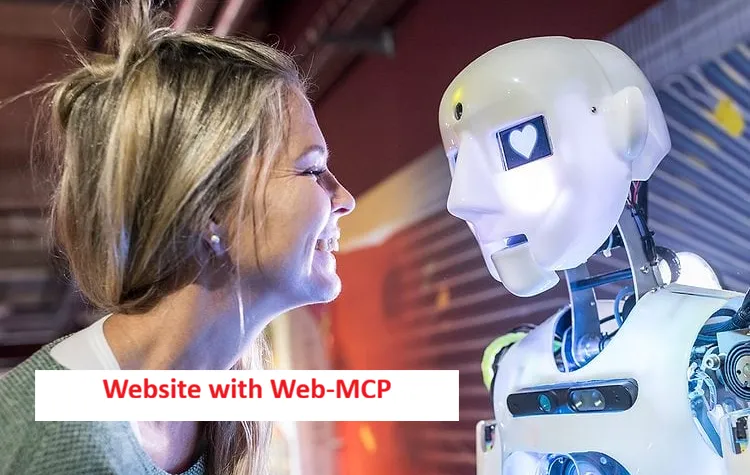 عکس: روبات در حال تایپ روی لپتاپ، عنوان مقاله در بالا: «WebMCP چیه؟»
