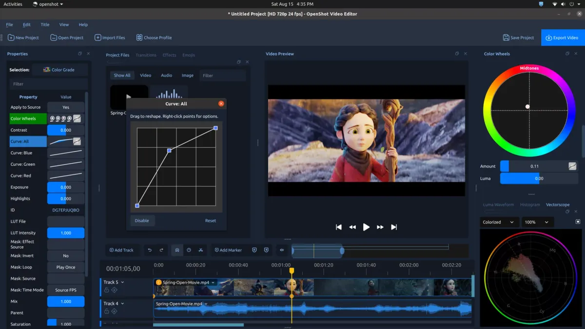 رابط کاربری OpenShot 4.0 با ابزارهای ضبط، تدوین و تصحیح رنگ حرفهای