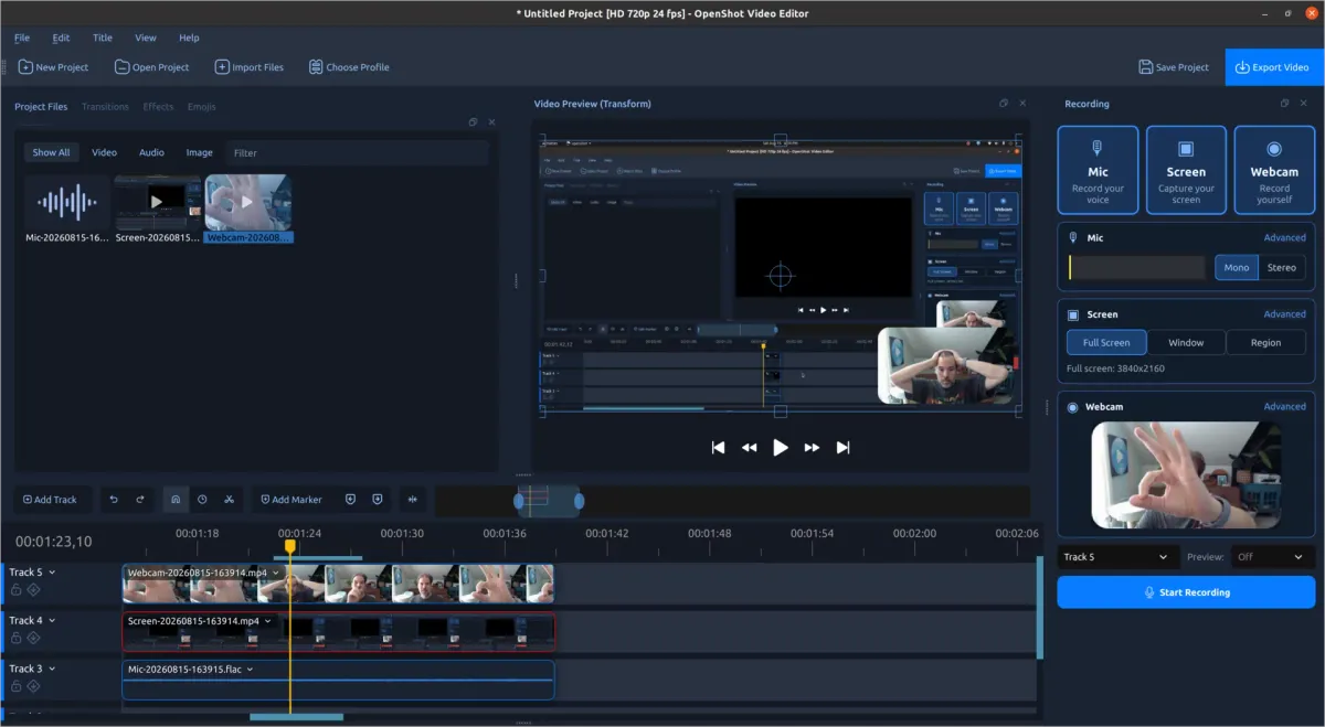 رابط کاربری OpenShot 4.0 با ابزارهای ضبط، تدوین و تصحیح رنگ حرفهای