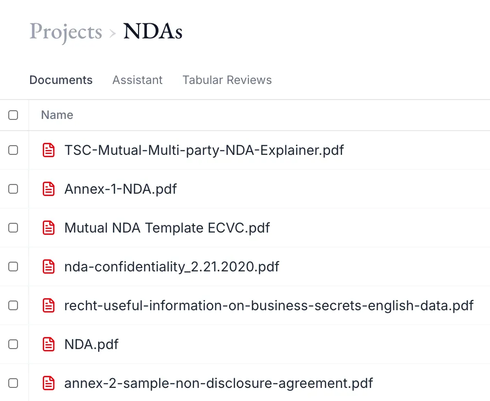 Project view with documents, assistant, and tabular reviews tabs