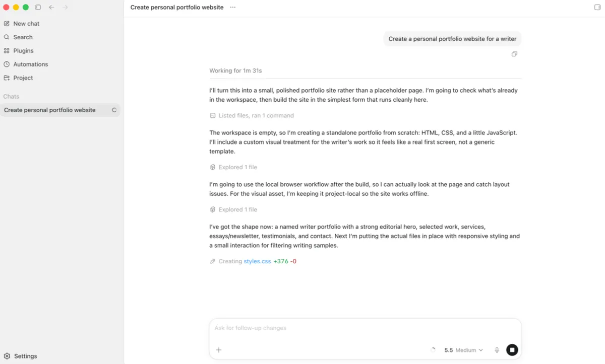 Codex's view of the main interface while building a basic portfolio website