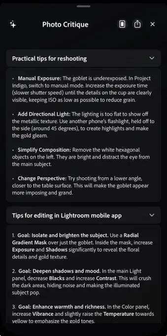 عکس: رابط برنامه Adobe Camera با قابلیت نقد عکس توسط هوش مصنوعی